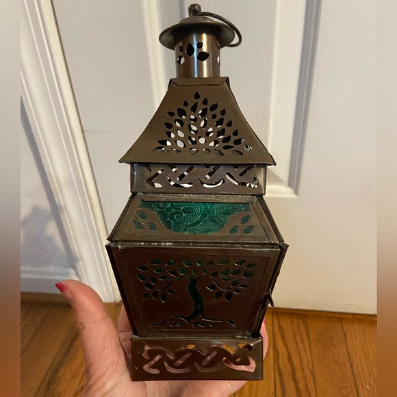 Dark Copper Tone Tree of Life Moroccan Style Lantern With Green Textured Windows - Picture 2 of 8